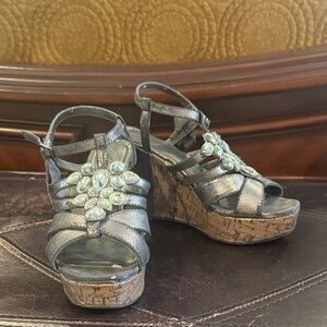 BKE Metallic Wedge Sandals with Gem Accents
